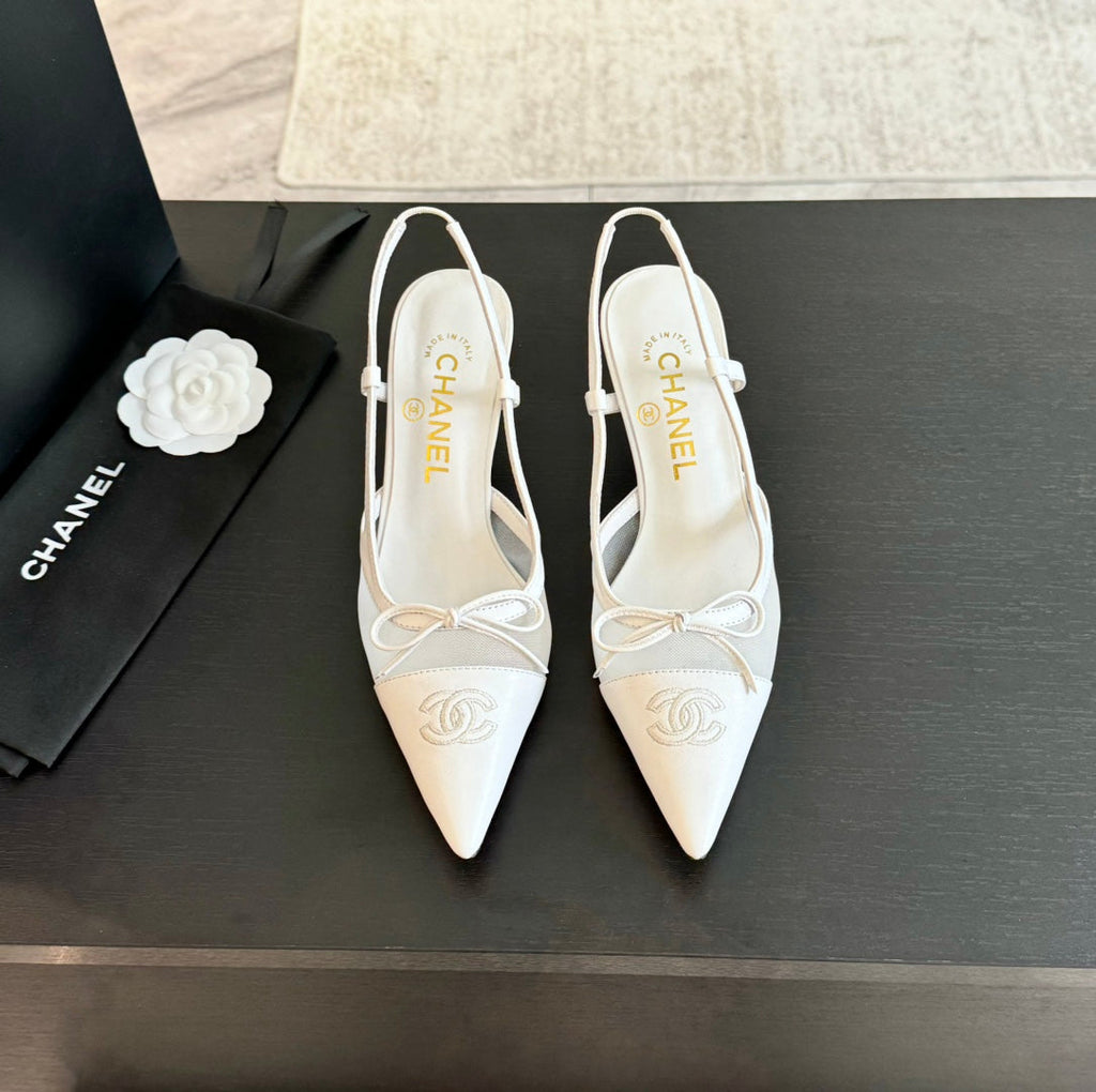 CHANEL MESH LOGO SLINGBACKS IN WHITE LAMBSKIN