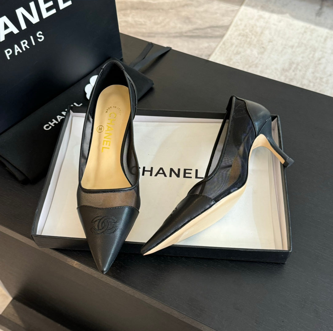 CHANEL MESH LOGO HEELS IN BLACK LAMBSKIN