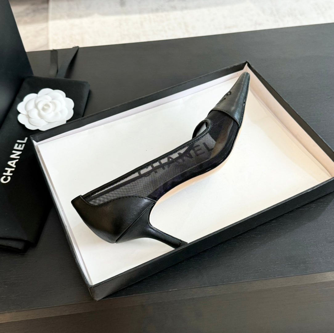 CHANEL MESH LOGO HEELS IN BLACK LAMBSKIN