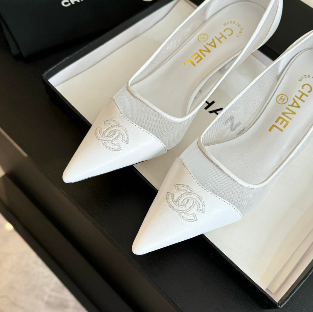 CHANEL MESH LOGO HEELS IN WHITE LAMBSKIN