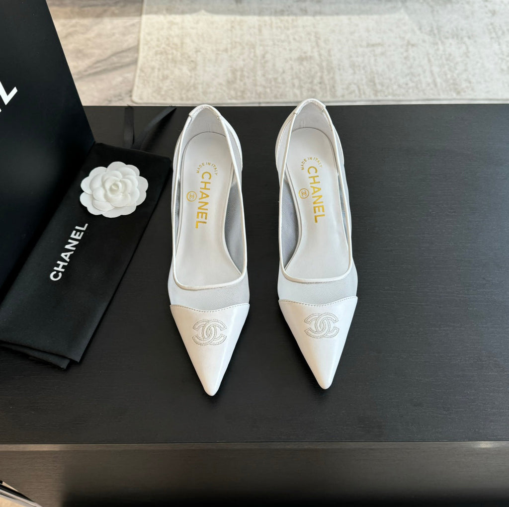 CHANEL MESH LOGO HEELS IN WHITE LAMBSKIN