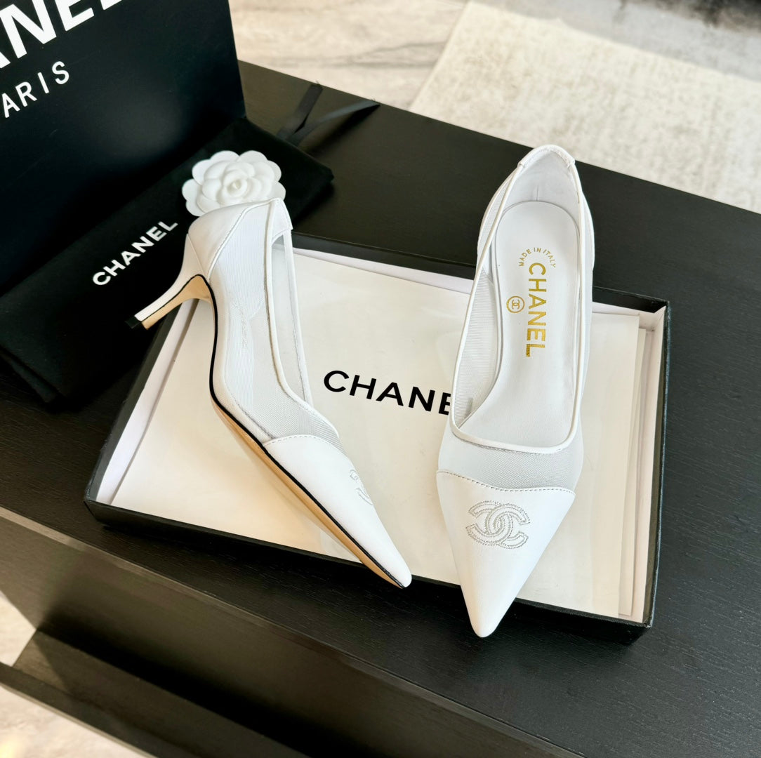 CHANEL MESH LOGO HEELS IN WHITE LAMBSKIN