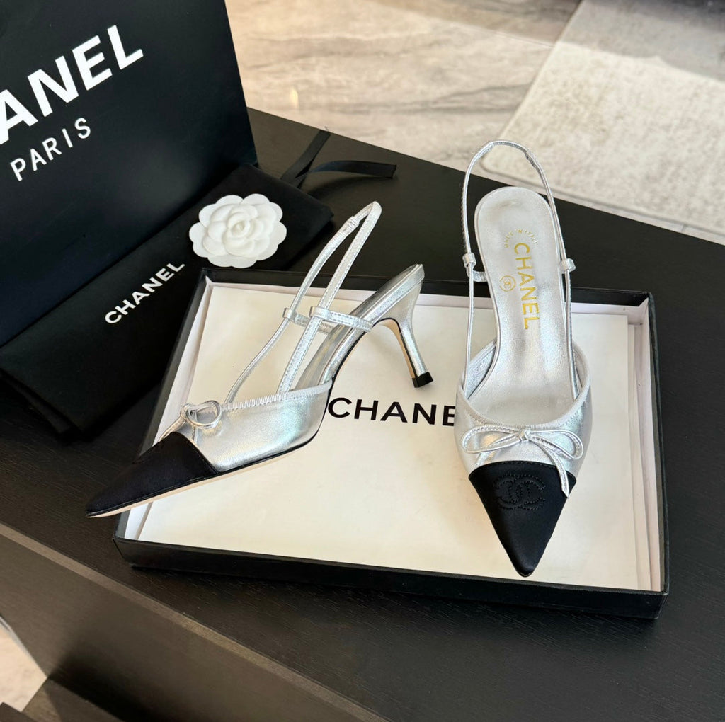 CHANEL SLINGBACK WITH BOW IN SILVER MIX BLACK LAMBSKIN