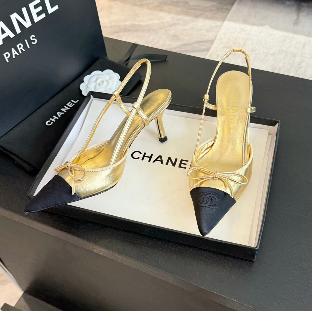 CHANEL SLINGBACK WITH BOW IN GOLDEN MIX BLACK LAMBSKIN