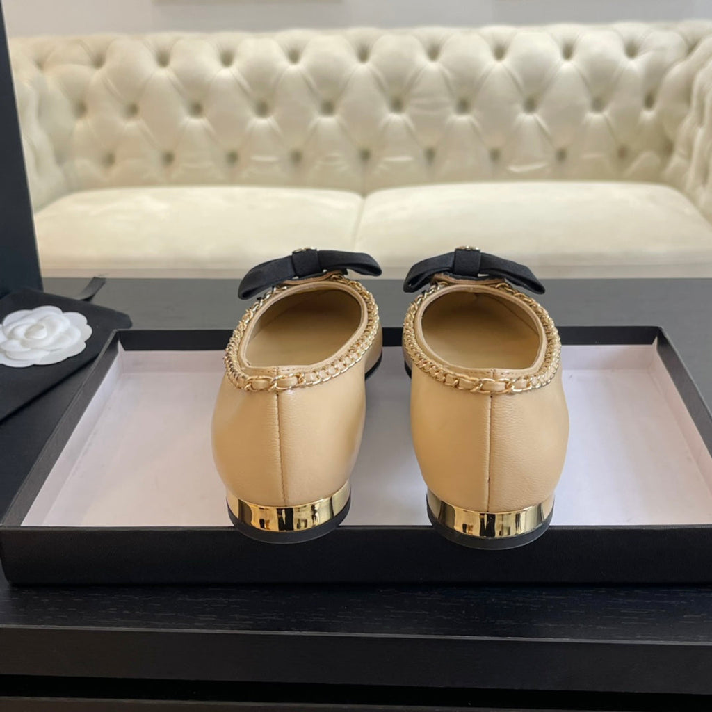 CHANEL BALLET FLAT BEIGE CREAM CALFSKIN AND FABRIC