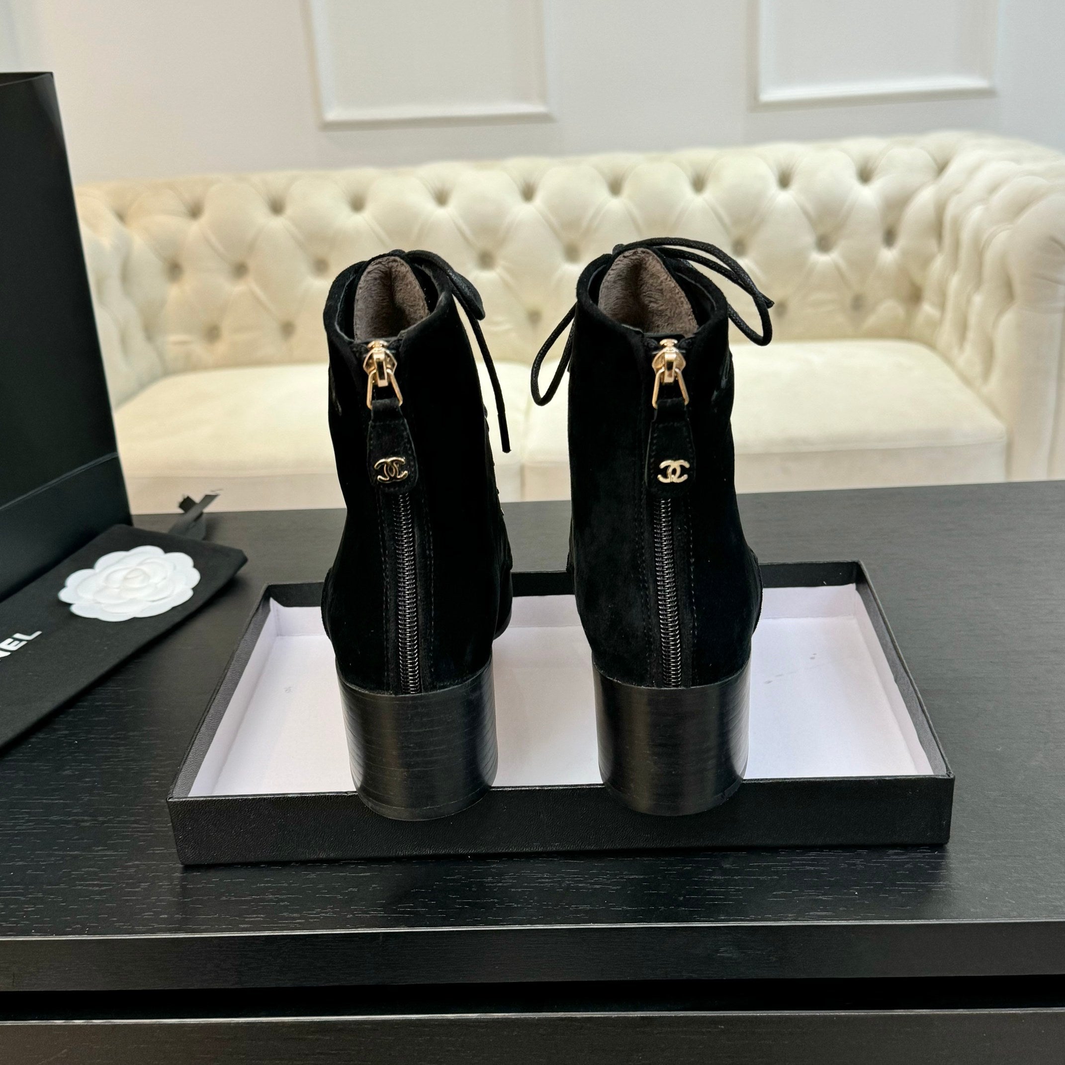 CHANEL LACE-UP SHORT BOOTS IN BLACK SUEDE