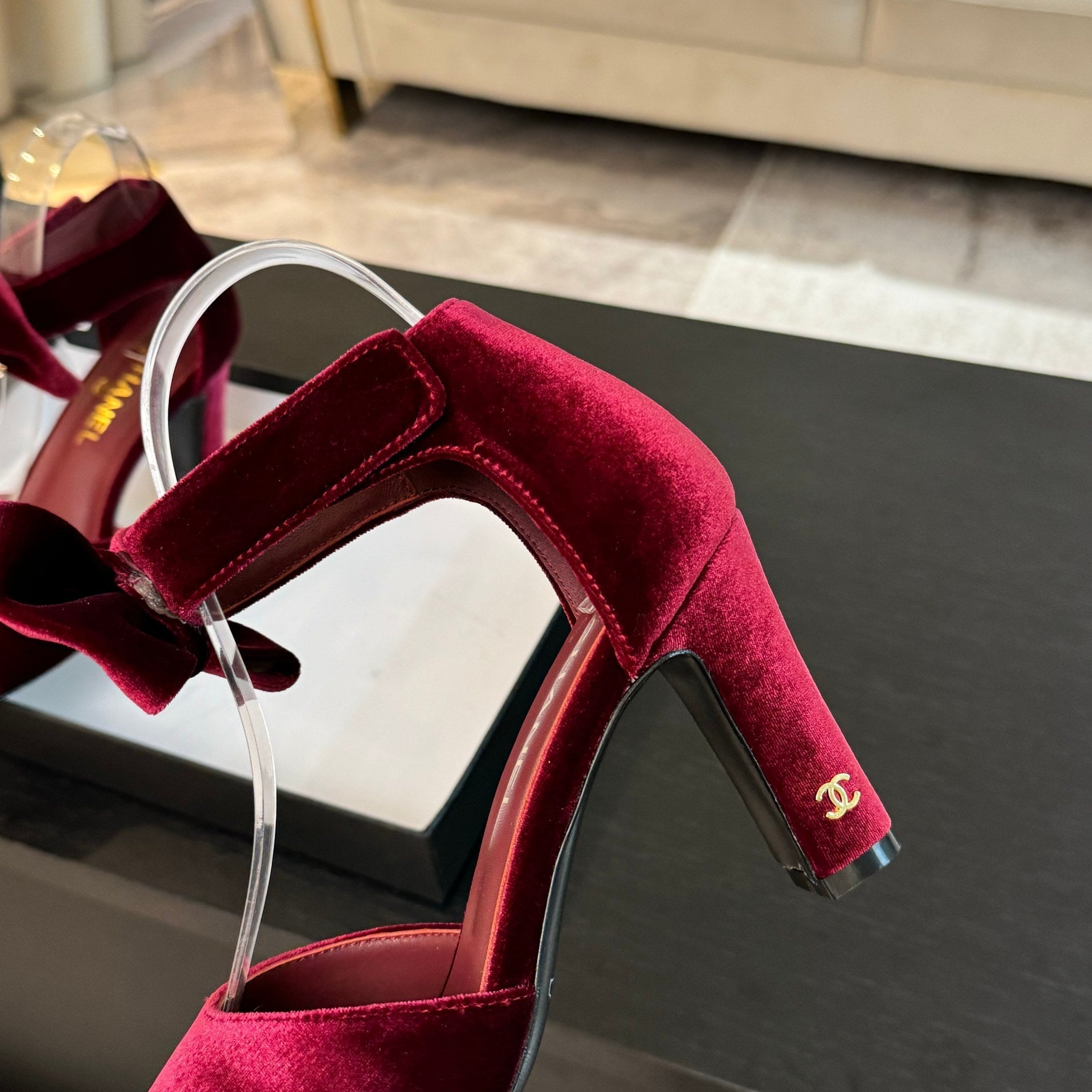 CHANEL HIGH SANDAL OPEN TOE IN MAROON RED VELVET
