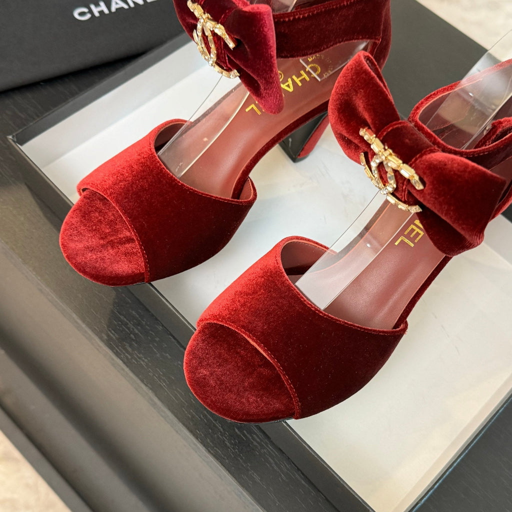 CHANEL HIGH SANDAL OPEN TOE IN MAROON RED VELVET