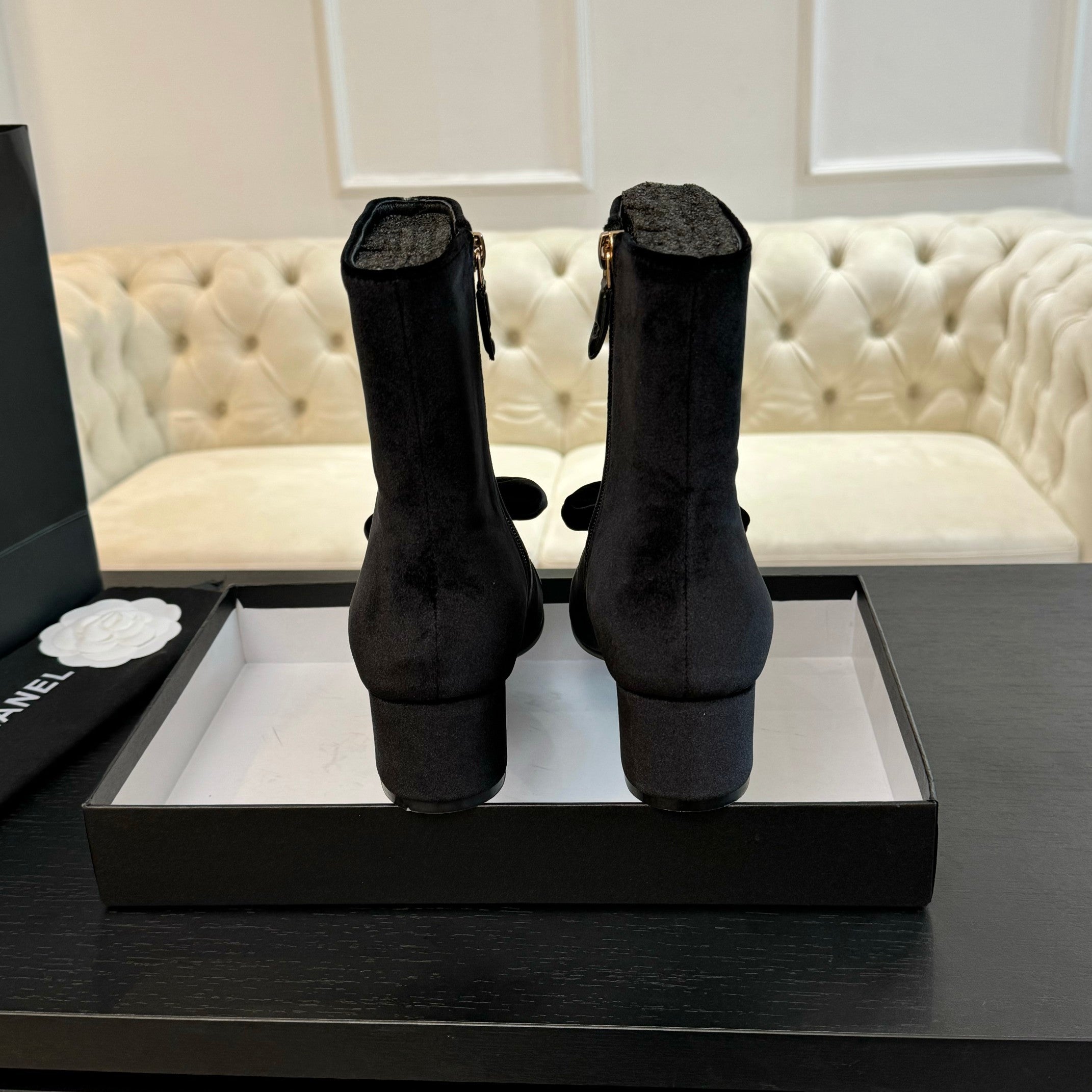 CHANEL SHORT BOOTS IN BLACK VELVET AND LAMBSKIN