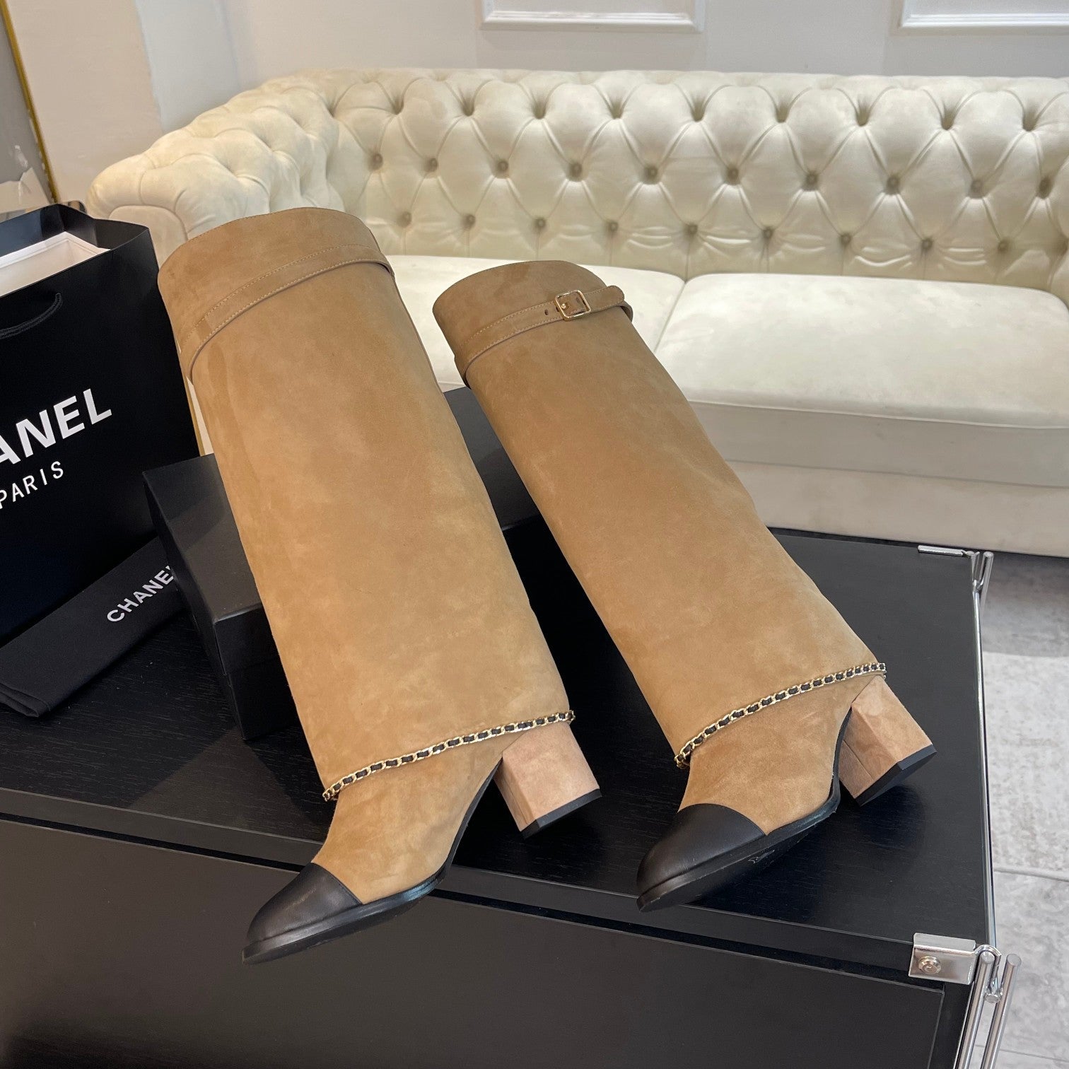 CHANEL HIGH BOOTS 6.5 CM IN CIDER BROWN SUEDE AND BLACK CALFSKIN