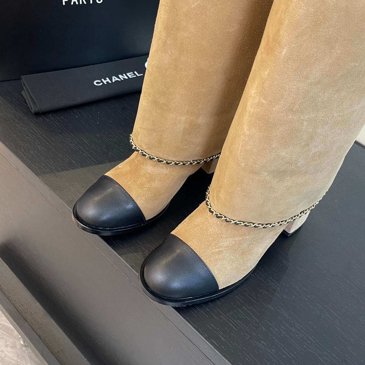 CHANEL HIGH BOOTS 6.5 CM IN CIDER BROWN SUEDE AND BLACK CALFSKIN