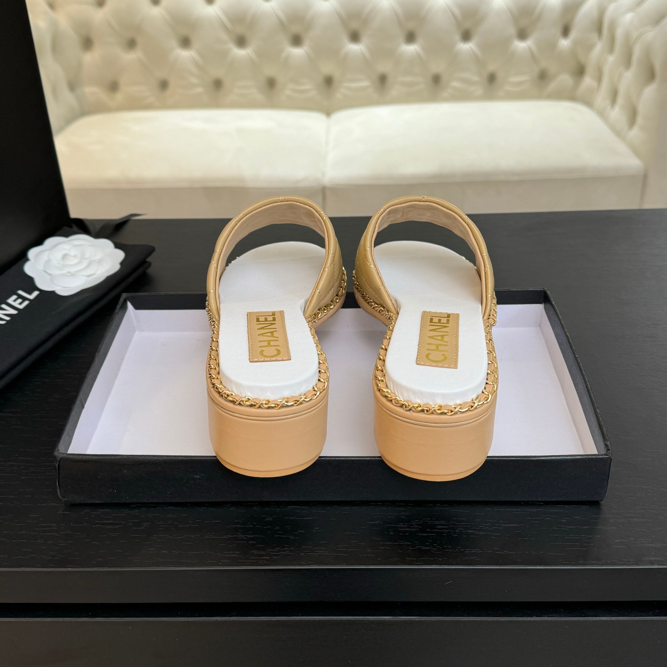 CHANEL HIGH FLATFORM SLIPPER IN DIJON YELLOW EMBOSSED SHEEPSKIN