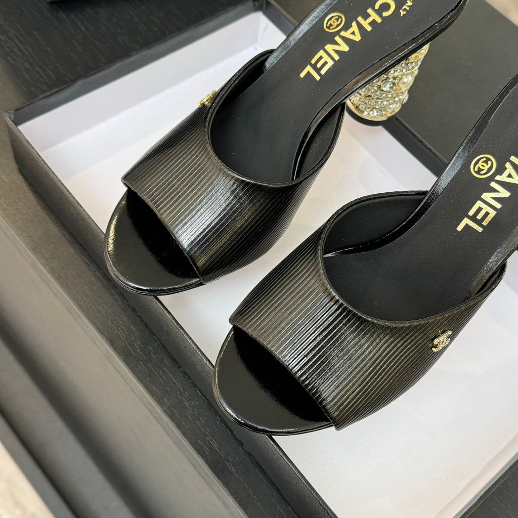 CHANEL T-STRAP PEARL HEEL 85 MM SANDALS IN BLACK LAMBSKIN MULE