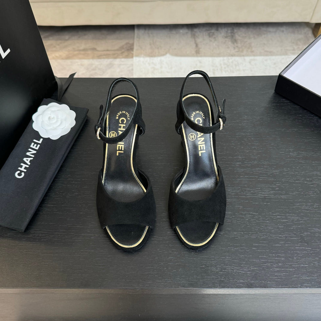 CHANEL T-STRAP PEARL HEEL 85 MM SANDALS IN BLACK SUEDE