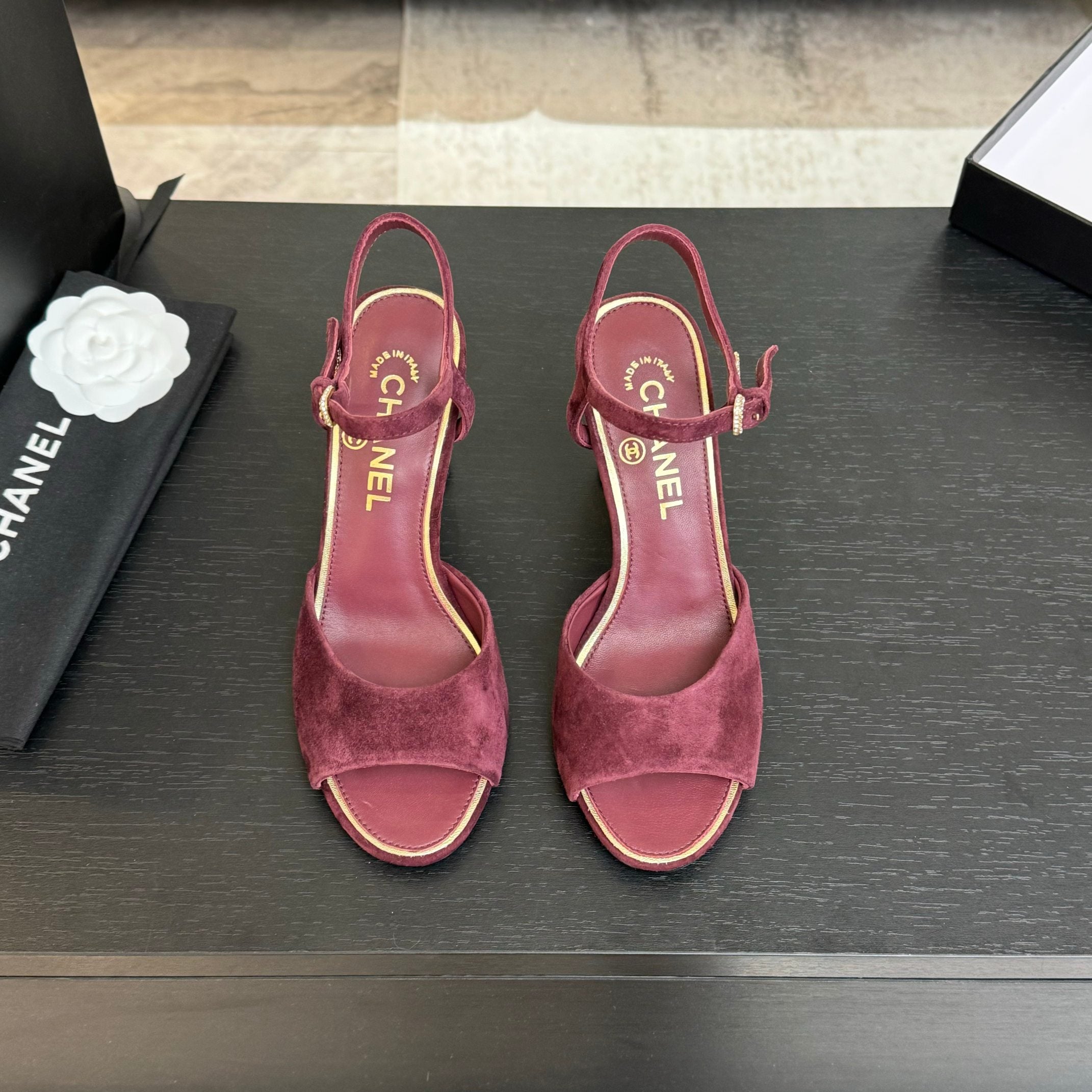 CHANEL T-STRAP PEARL HEEL 85 MM SANDALS IN SANGRIA RED SUEDE