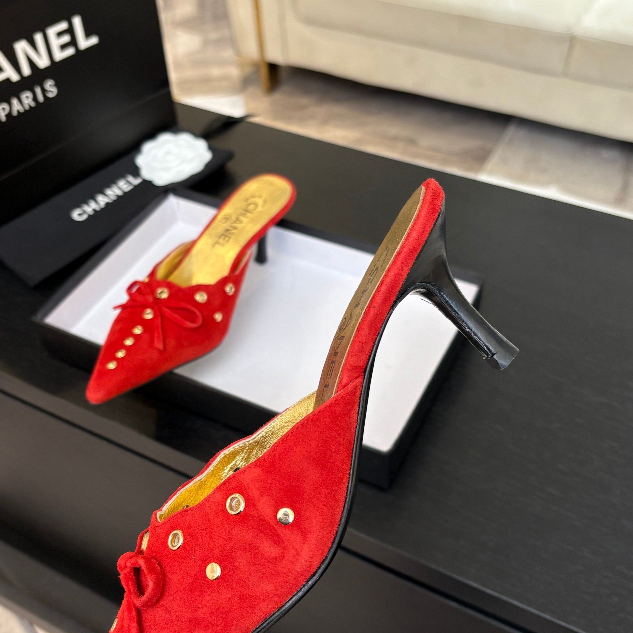 CHANEL HIGH HEEL MULE 65 MM IN CANDY RED SUEDE