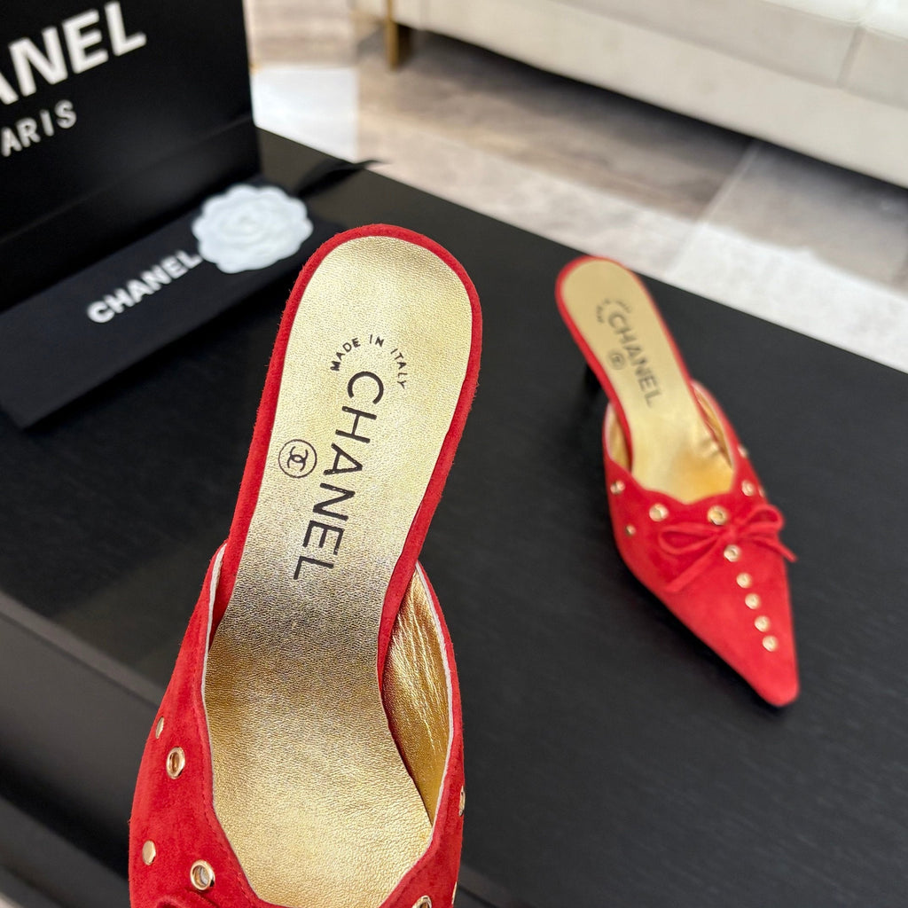 CHANEL HIGH HEEL MULE 65 MM IN CANDY RED SUEDE