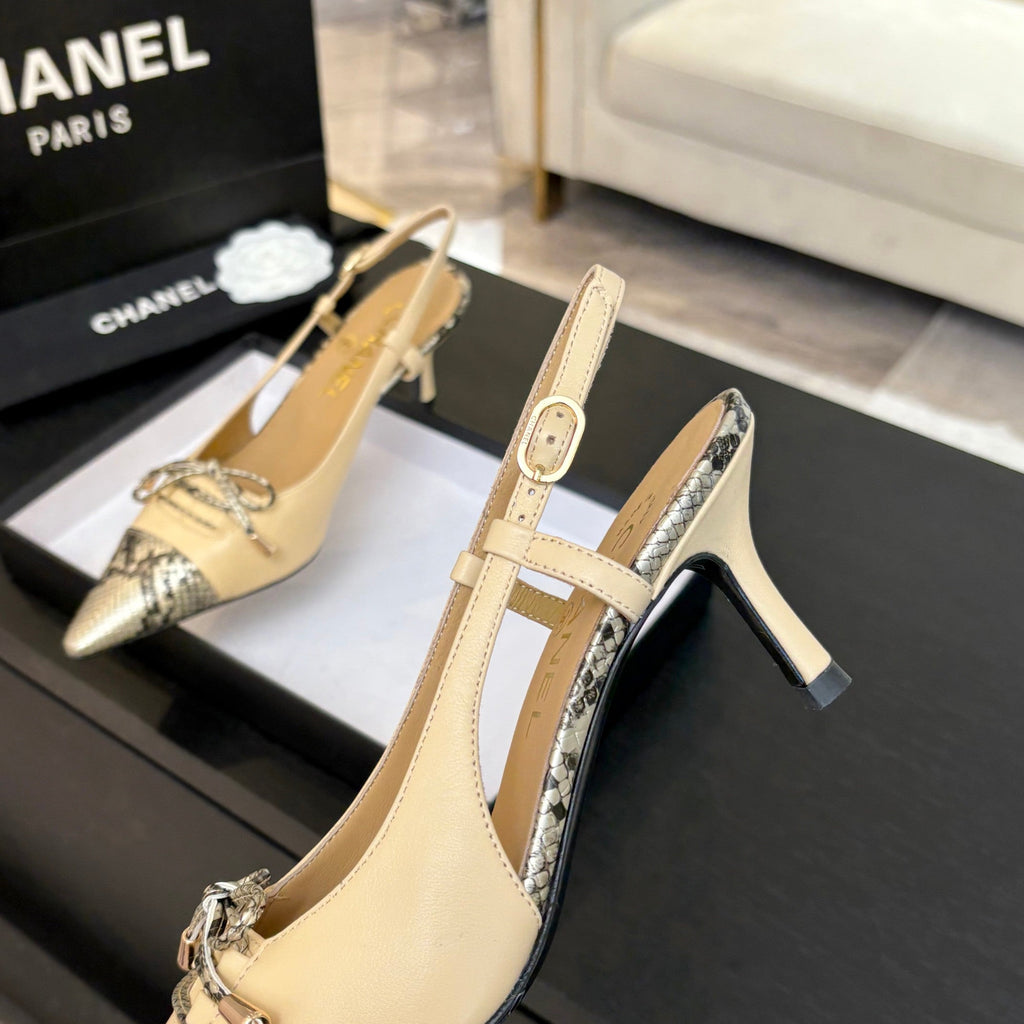 CHANEL HIGH HEEL SLINGBACKS 65 MM IN FLAX YELLOW WITH SNAKESKIN PATTERN LAMBSKIN
