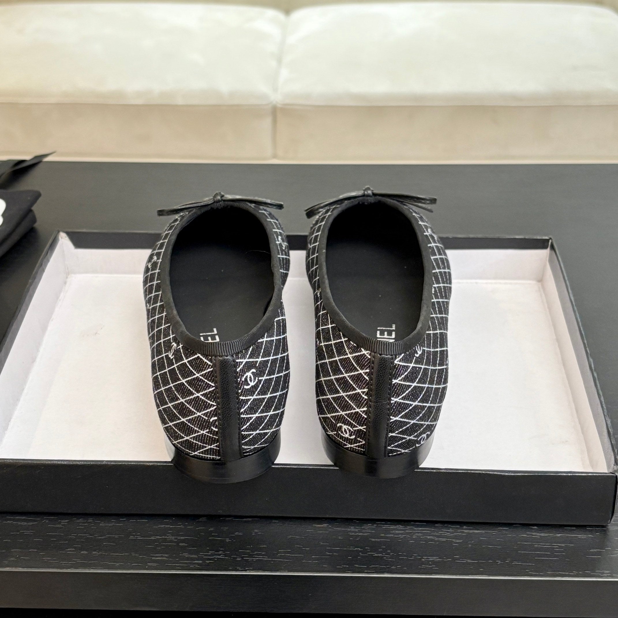 CHANEL BALLET FLATS IN CHARCOAL BLACK MONOGRAM DENIM