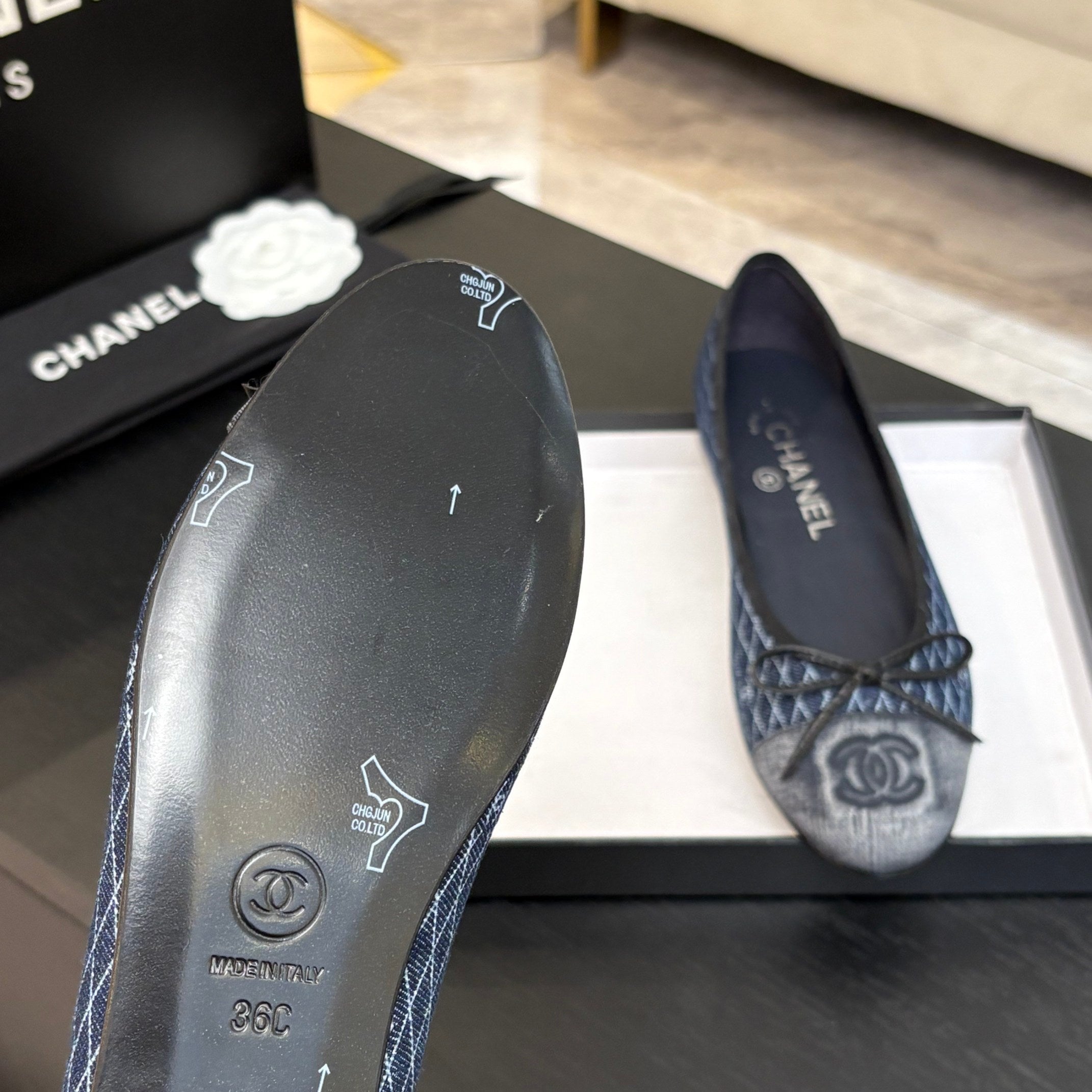 CHANEL BALLET FLATS IN AEGEAN BLUE MONOGRAM DENIM