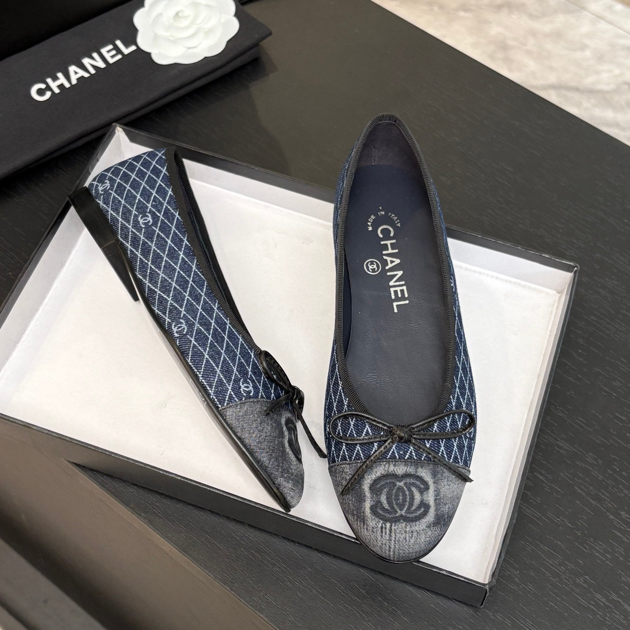 CHANEL BALLET FLATS IN AEGEAN BLUE MONOGRAM DENIM