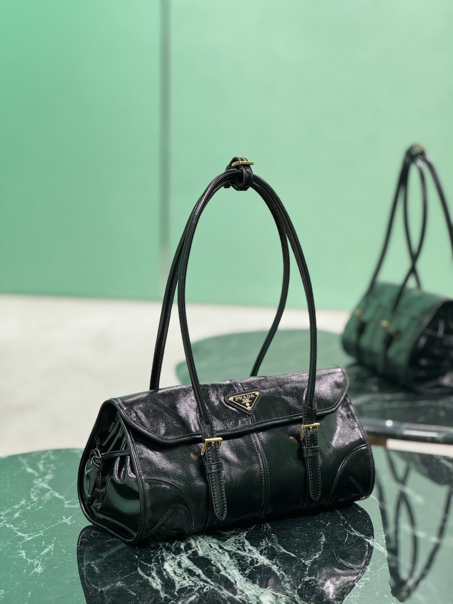 PRADA HANDBAG 31 IN BLACK OIL WAX LAMBSKIN