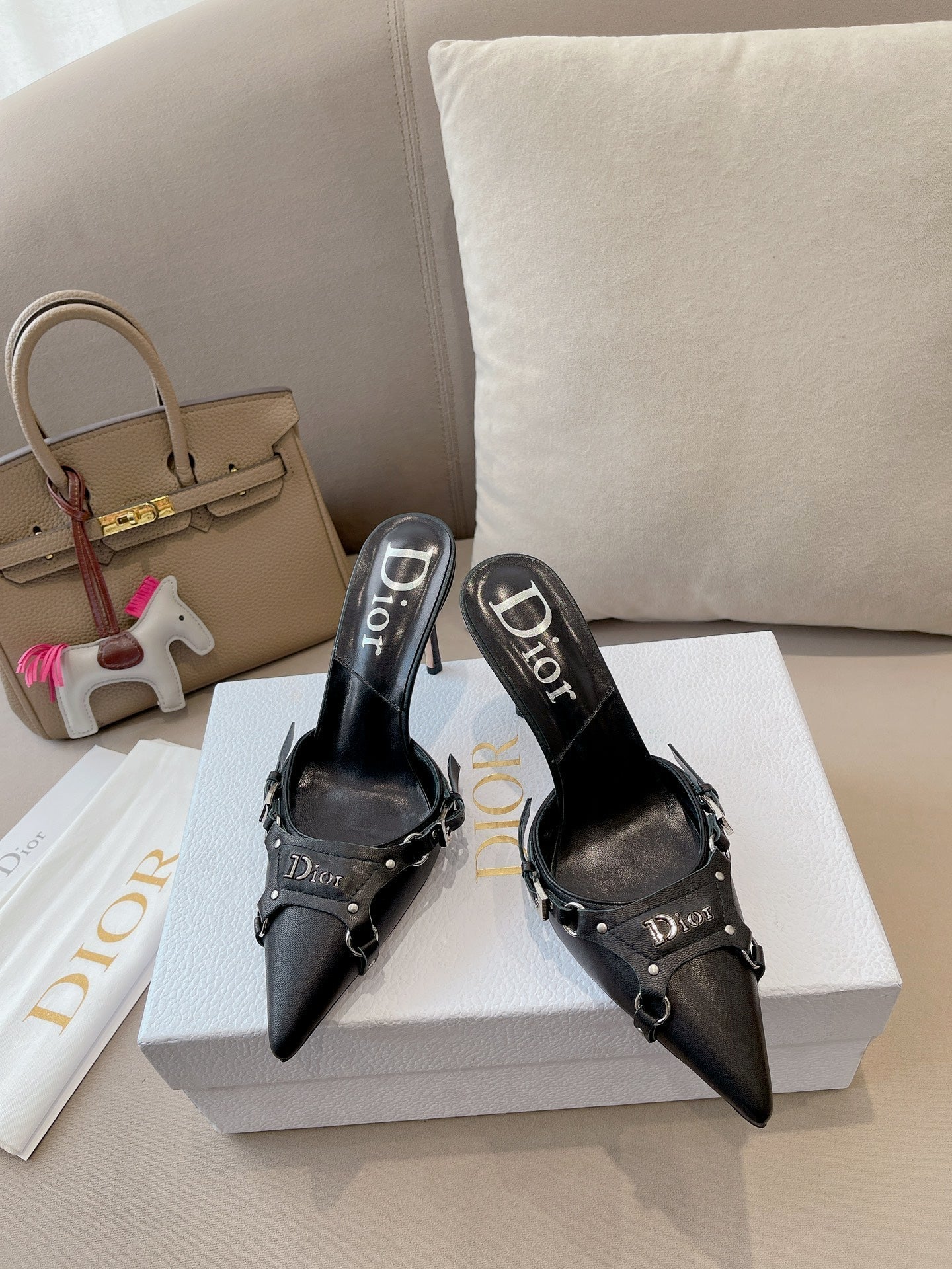 DIOR HEELED MULES 85MM IN BLACK LAMBSKIN