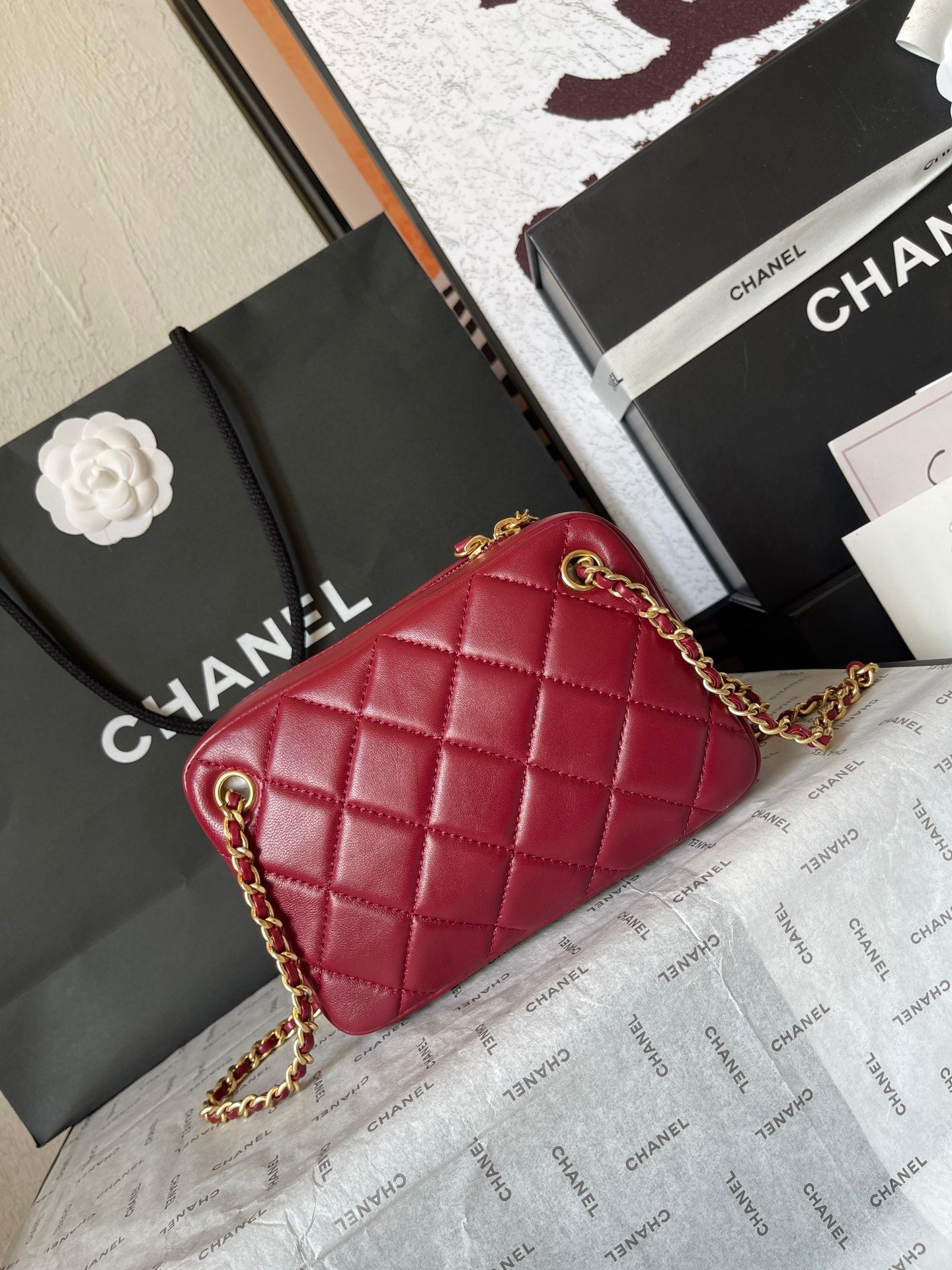 CHANEL CAMERA BAG 18 IN RED QUILTED LAMBSKIN DOUBLE C GOLD COIN