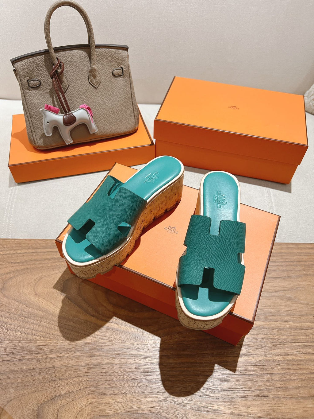 HERMES 25S HIGH WEDGE SANDALS IN PASTEL SEA GREEN LAMBSKIN STYLE 30
