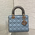 DIOR MEDIUM LADY BAG 20 IN BABY BLUE QUILTED MACROCANNAGE CALFSKIN GREY STRAP