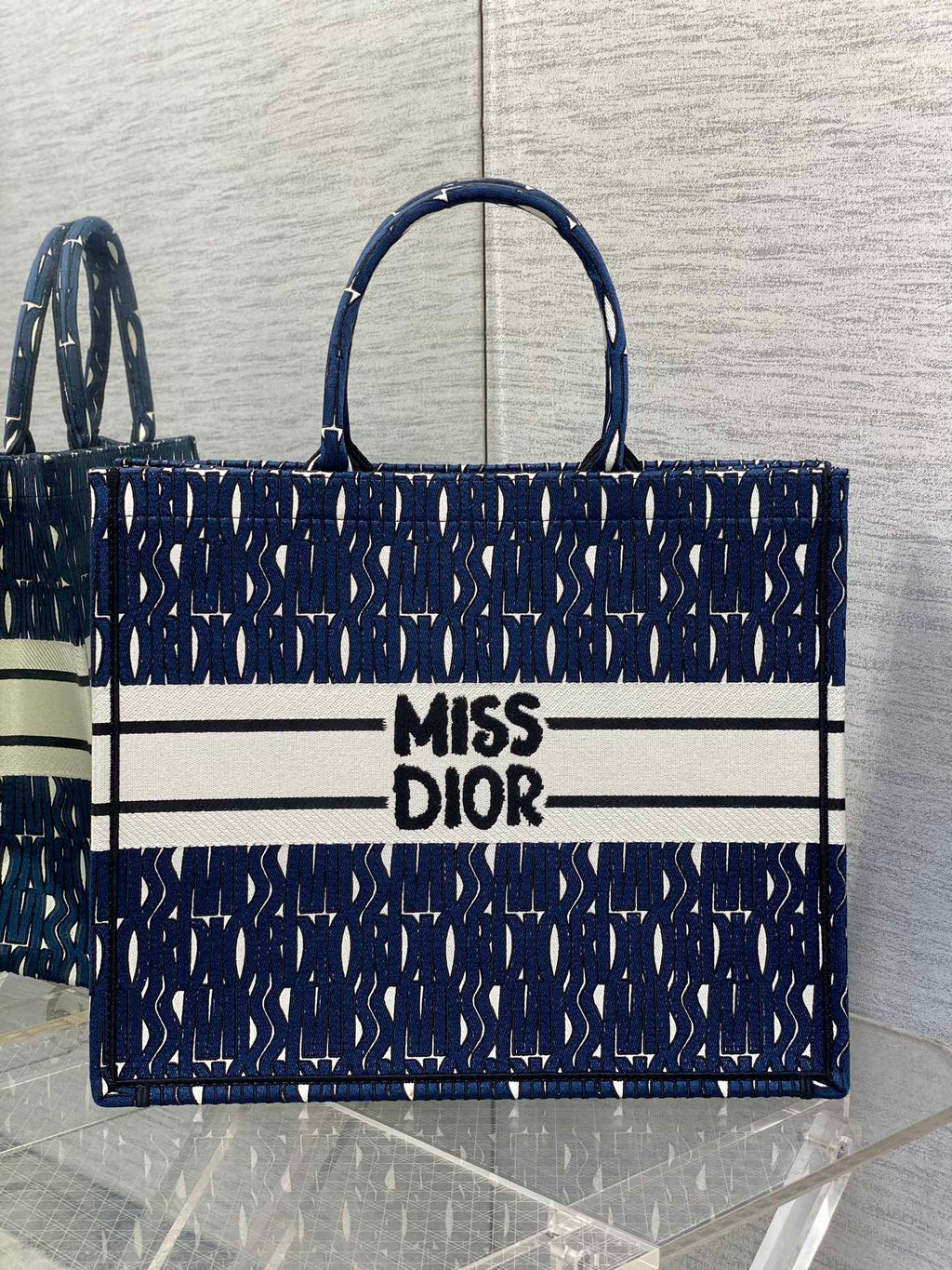 DIOR MISS LARGE TOTE 42 IN WHITE MIX DEEP COVE BLUE CANVAS