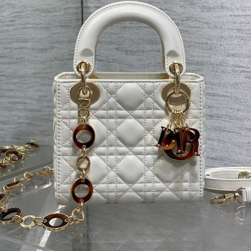 DIOR MINI 17 LADY BAG IN WHITE MACROCANNAGE LAMBSKIN WITH GOLD HARDWARE
