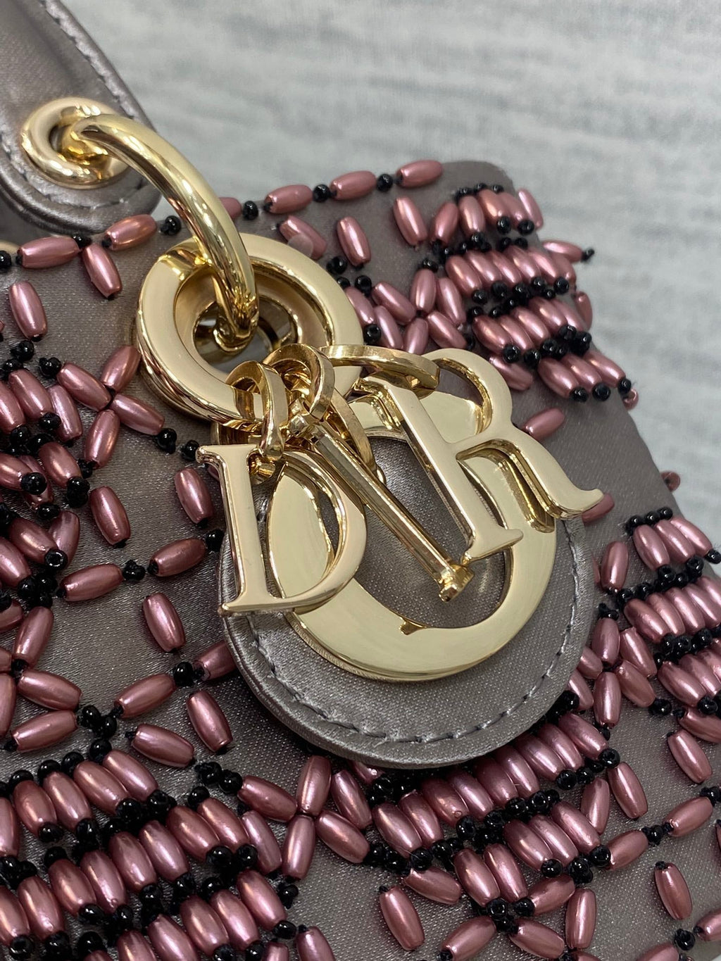 DIOR MINI LADY BAG 16 IN WENGE BROWN SATIN AND CALFSKIN WITH BEADED DESIGN
