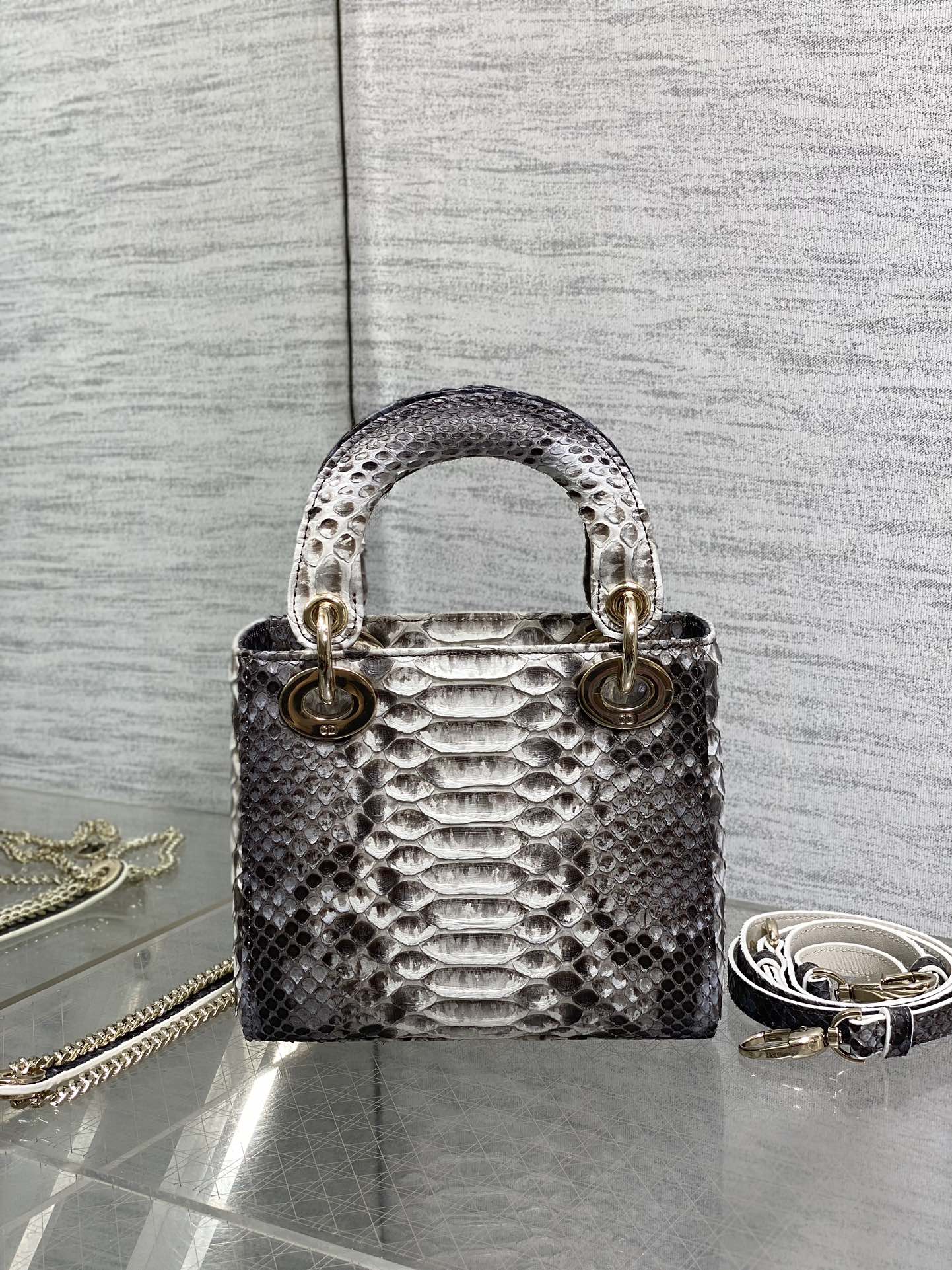 DIOR MINI 17 LADY BAG IN WHITE MIX BLACK SNAKESKIN PATTERN LAMBSKIN