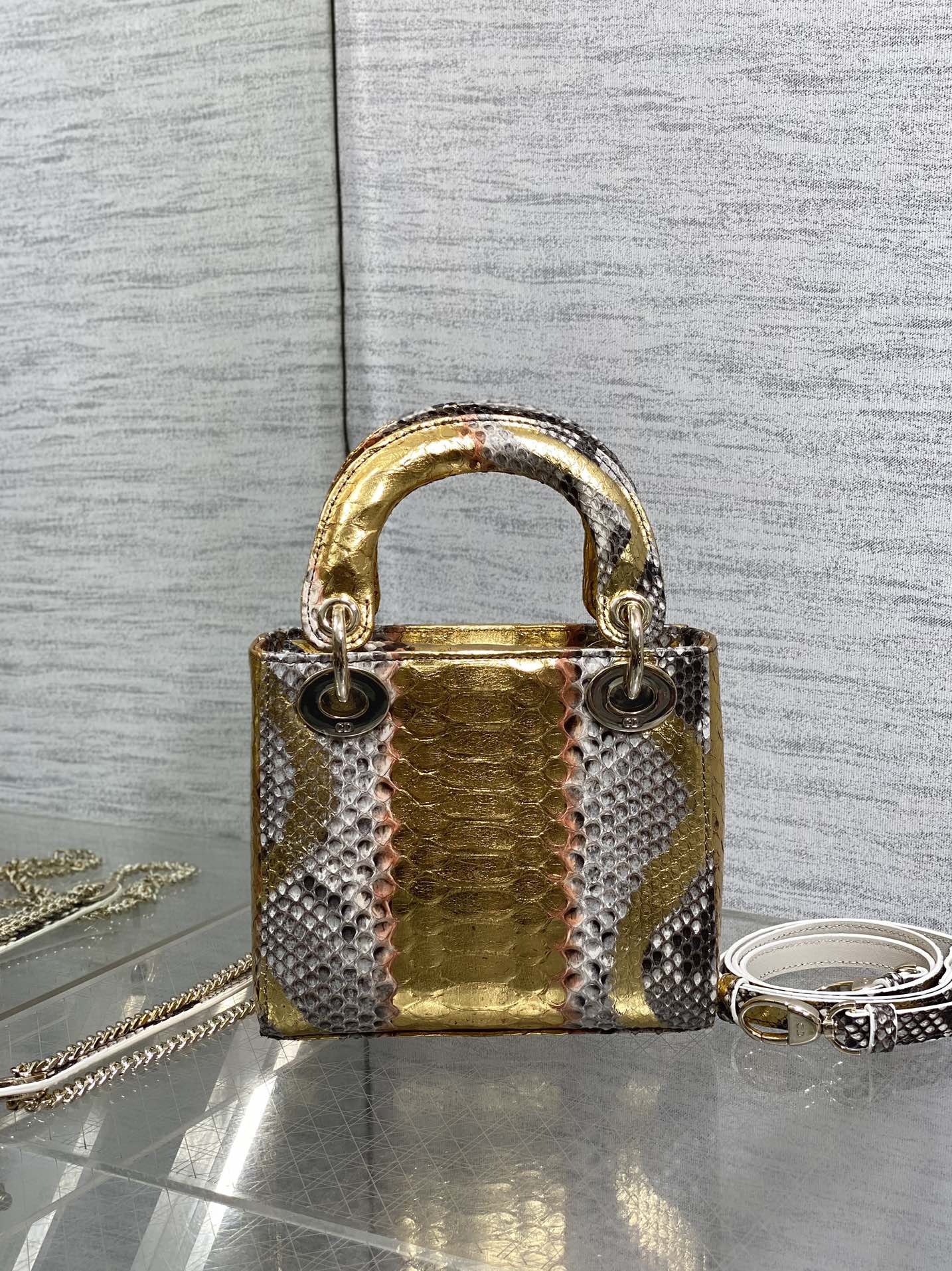 DIOR MINI 17 LADY BAG IN GOLDEN SNAKESKIN PATTERN LAMBSKIN