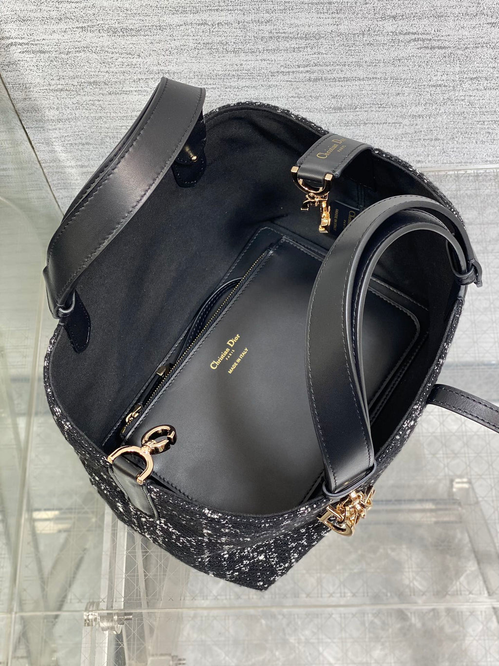 DIOR MINI 23 TOUJOURS BAG IN BLACK MIX WHITE CANNAGE TWEED WITH GOLD HARDWARE