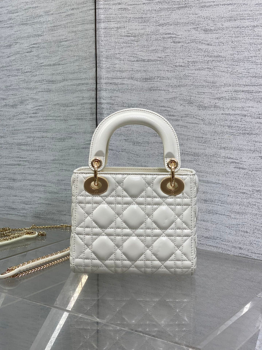 DIOR 25S MINI LADY  BAG 17 IN IVORY CALFSKIN CHARM CRYSTAL EMBELLISHMENTS