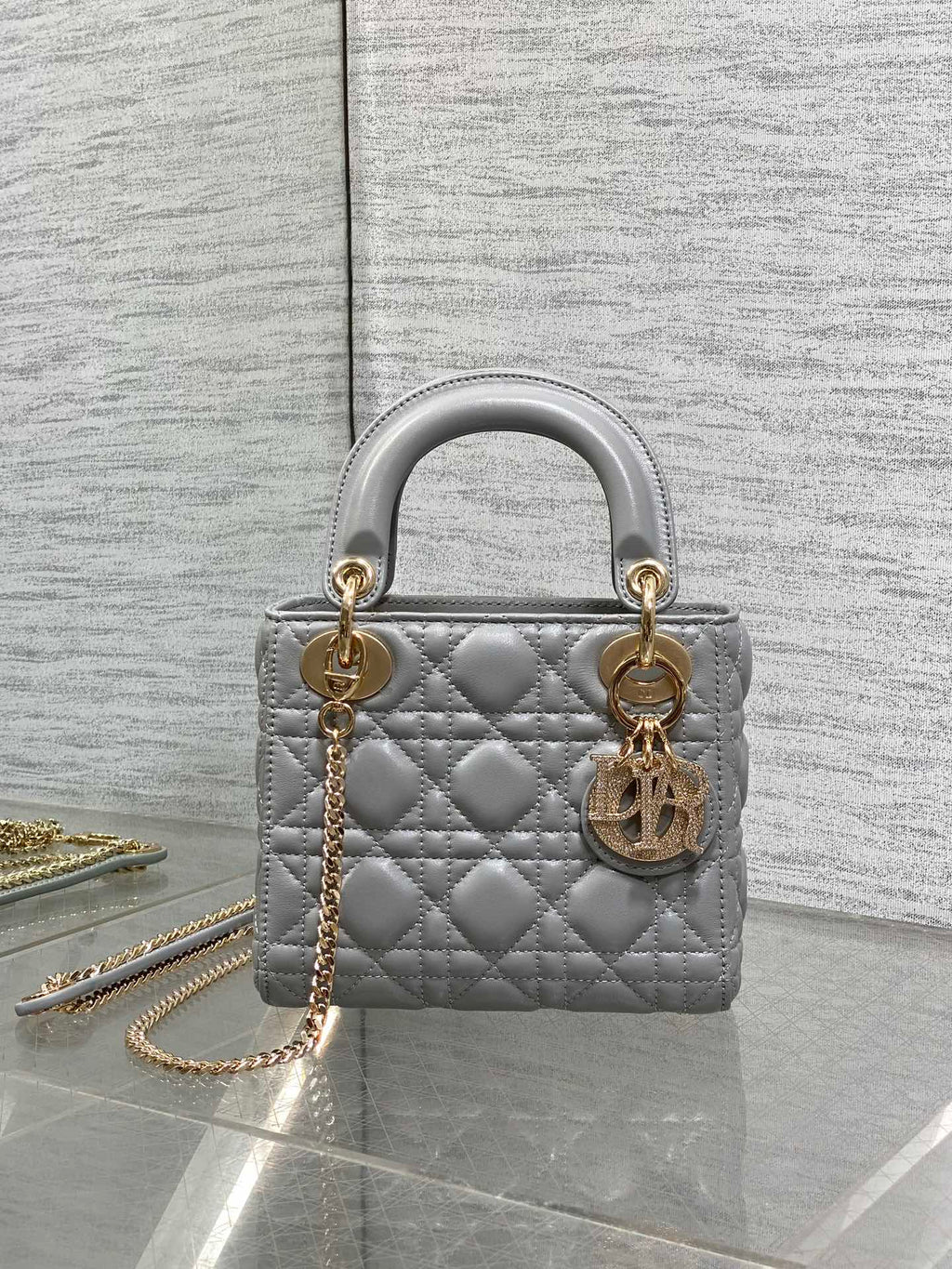 DIOR 25S MINI LADY  BAG 17 IN DARK GRAY CALFSKIN CHARM CRYSTAL EMBELLISHMENTS