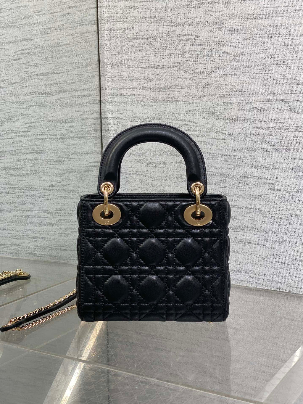 DIOR 25S MINI LADY  BAG 17 IN BLACK CALFSKIN CHARM CRYSTAL EMBELLISHMENTS