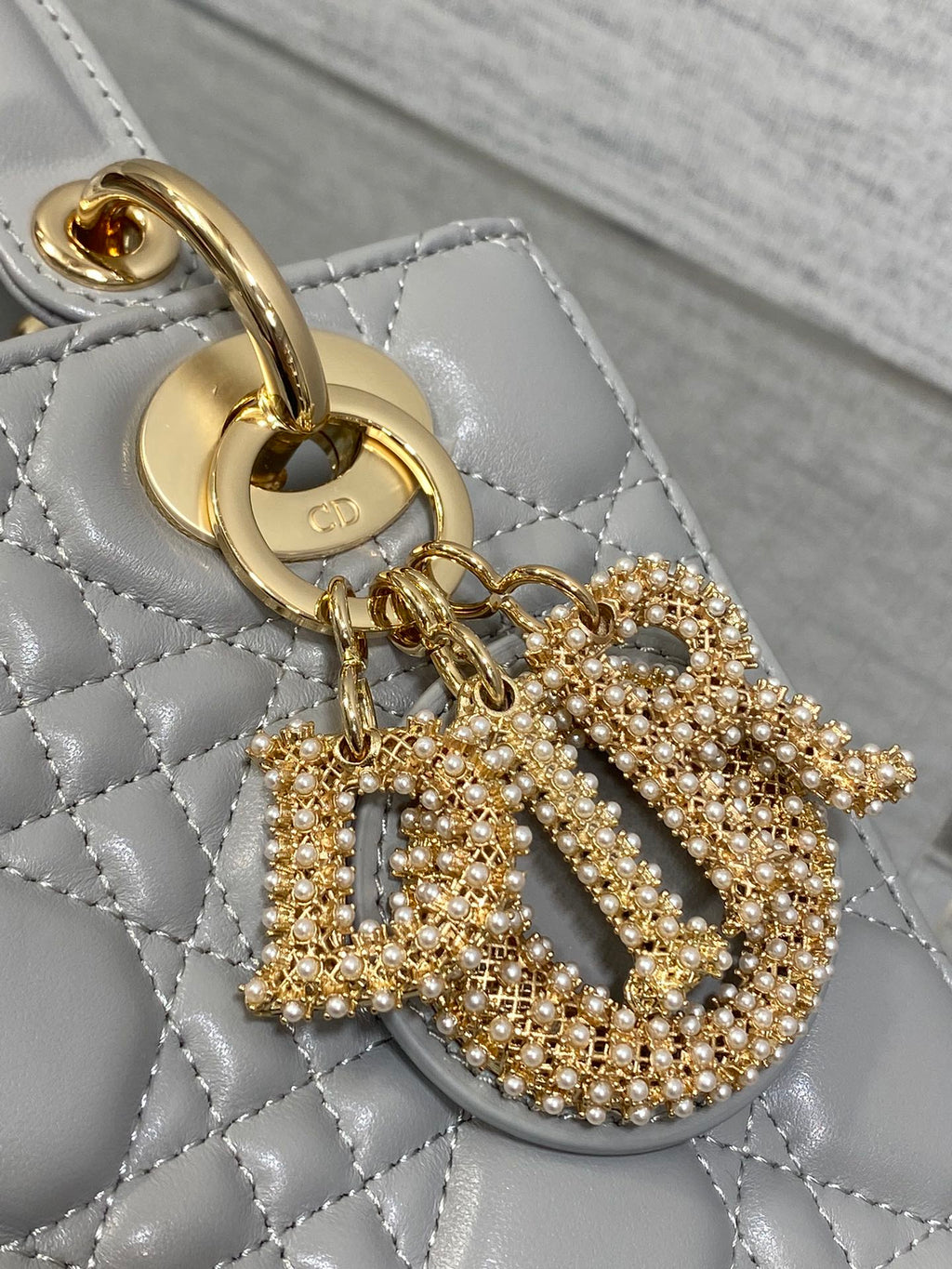DIOR 25S LADY  BAG 20 IN DARK GRAY CALFSKIN CHARM PEARL EMBELLISHMENTS