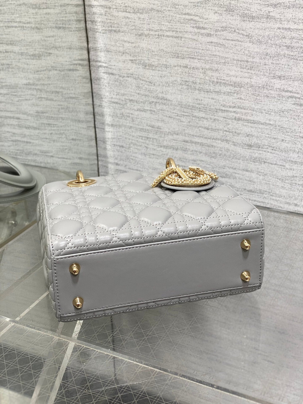 DIOR 25S LADY  BAG 20 IN DARK GRAY CALFSKIN CHARM PEARL EMBELLISHMENTS