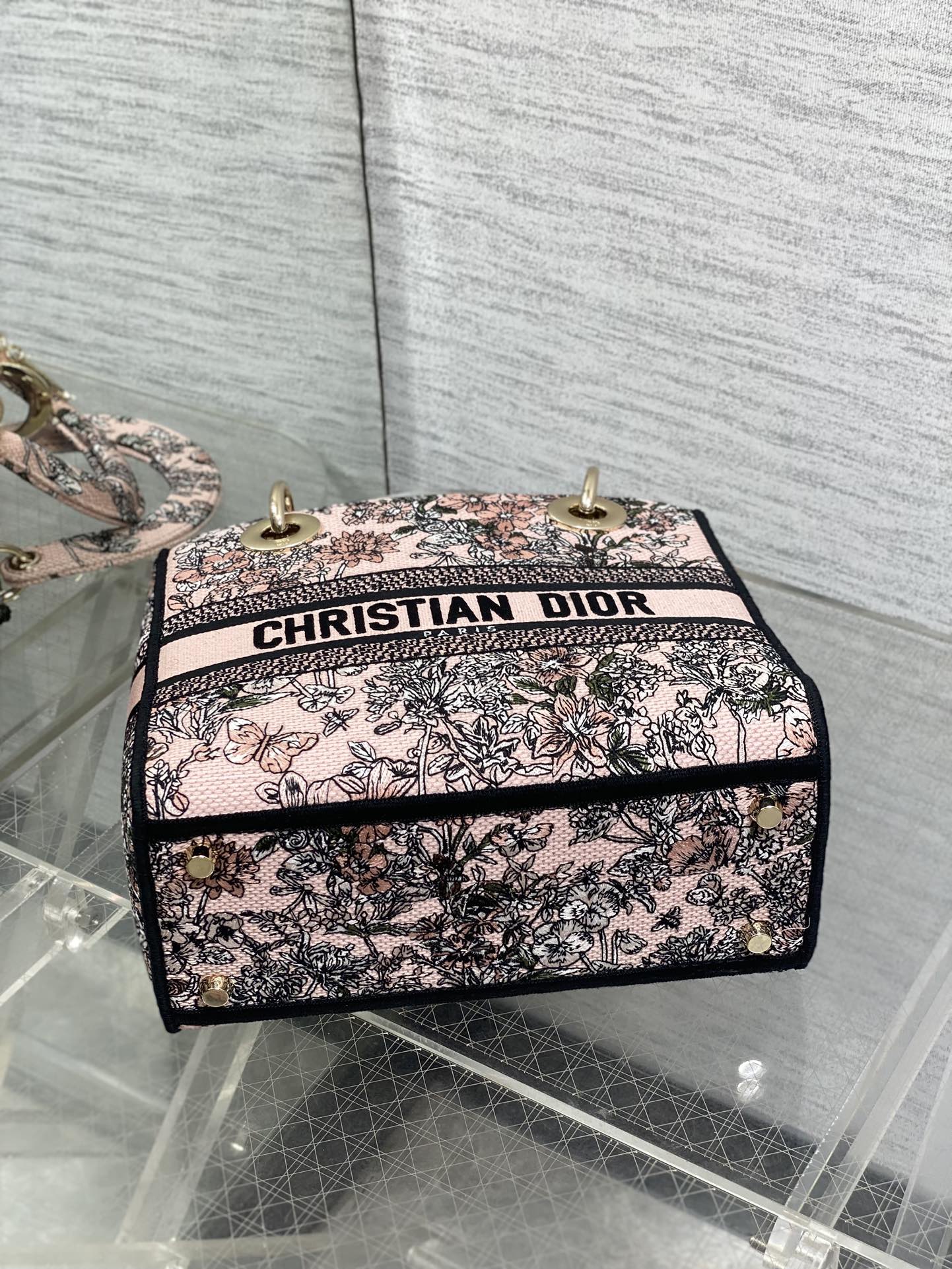 DIOR 25S SMALL LADY D-LITE BAG 24 IN PINK  FLOWERS CALENDAR ALLOVER EMBROIDERY
