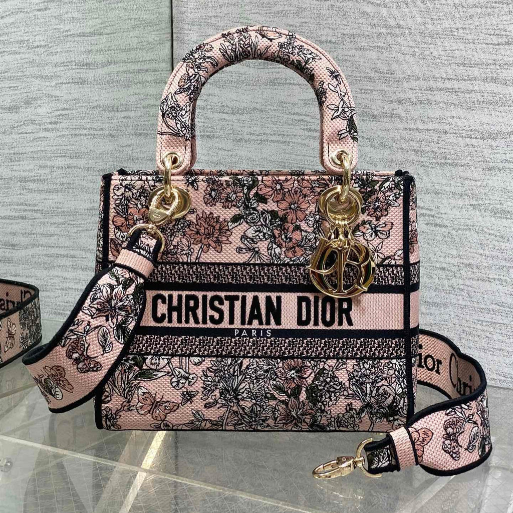 DIOR 25S SMALL LADY D-LITE BAG 24 IN PINK  FLOWERS CALENDAR ALLOVER EMBROIDERY