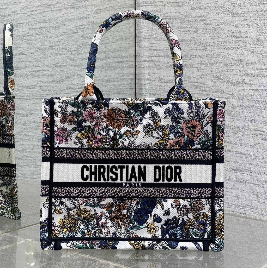 DIOR 25S LUCKY SMALL DIOR BOOK TOTE 26 IN MULTICOLOR DIOR FLOWERS CALENDAR ALLOVER EMBROIDERY