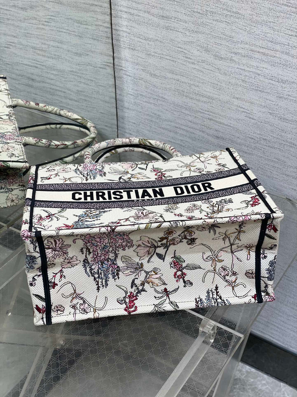 DIOR 25S MEDIUM BOOK TOTE 36 IN BEIGE CANVAS MILLEFIORI EMBROIDERY