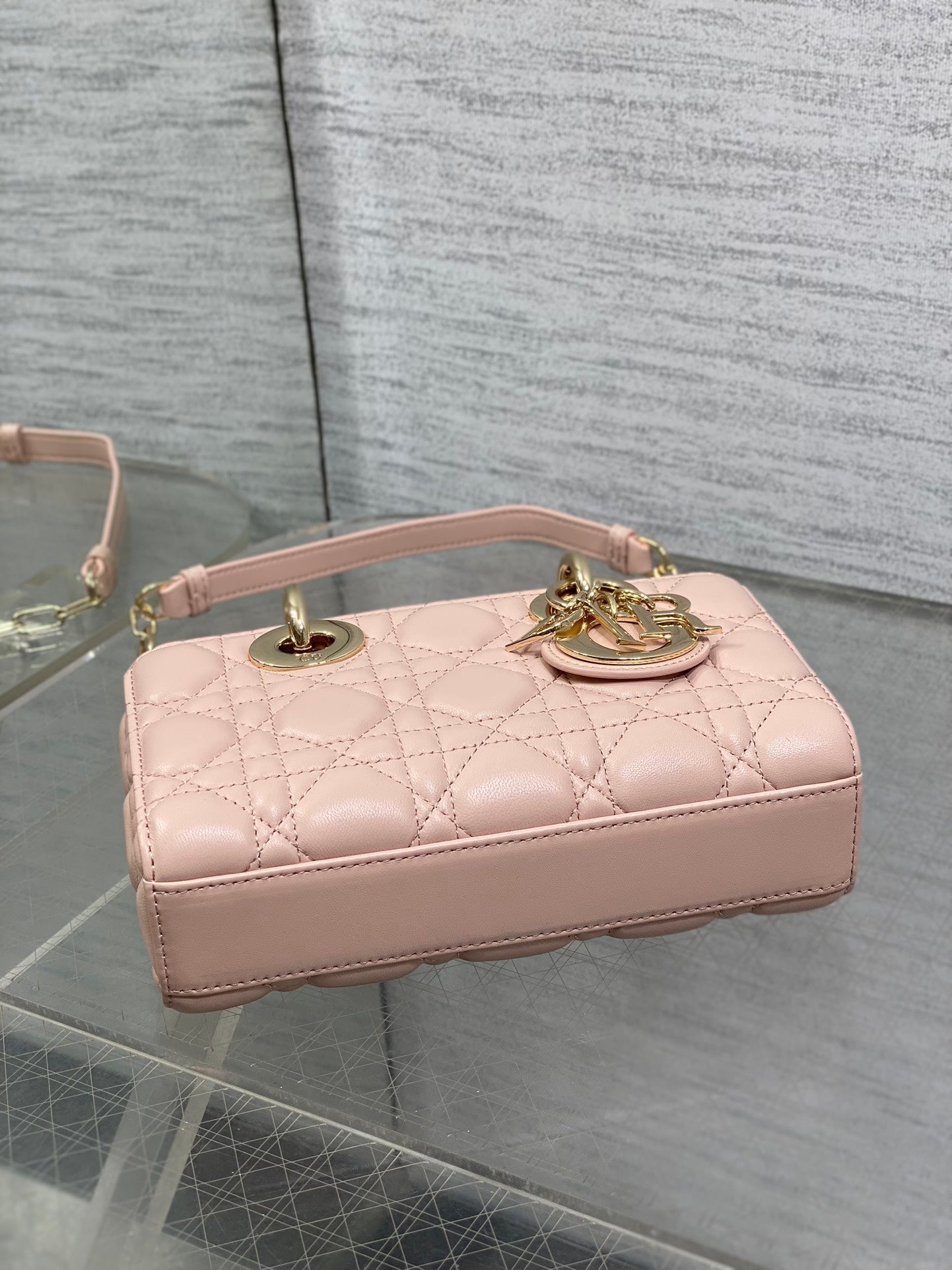 DIOR 25S MICRO LADY D-JOY 19 IN BABY PINK CALFSKIN GOLD HARDWARE