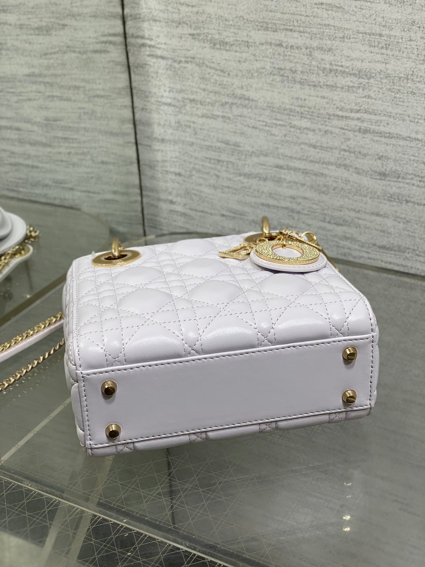 DIOR 25S MINI LADY  BAG 17 IN LILAC CALFSKIN CHARM CRYSTAL EMBELLISHMENTS