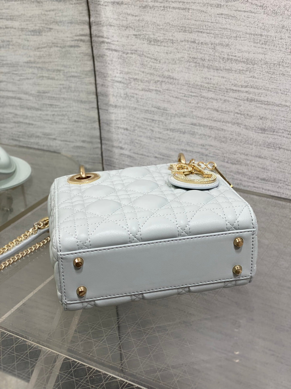 DIOR 25S MINI LADY  BAG 17 IN LIGHT BLUE CALFSKIN CHARM CRYSTAL EMBELLISHMENTS