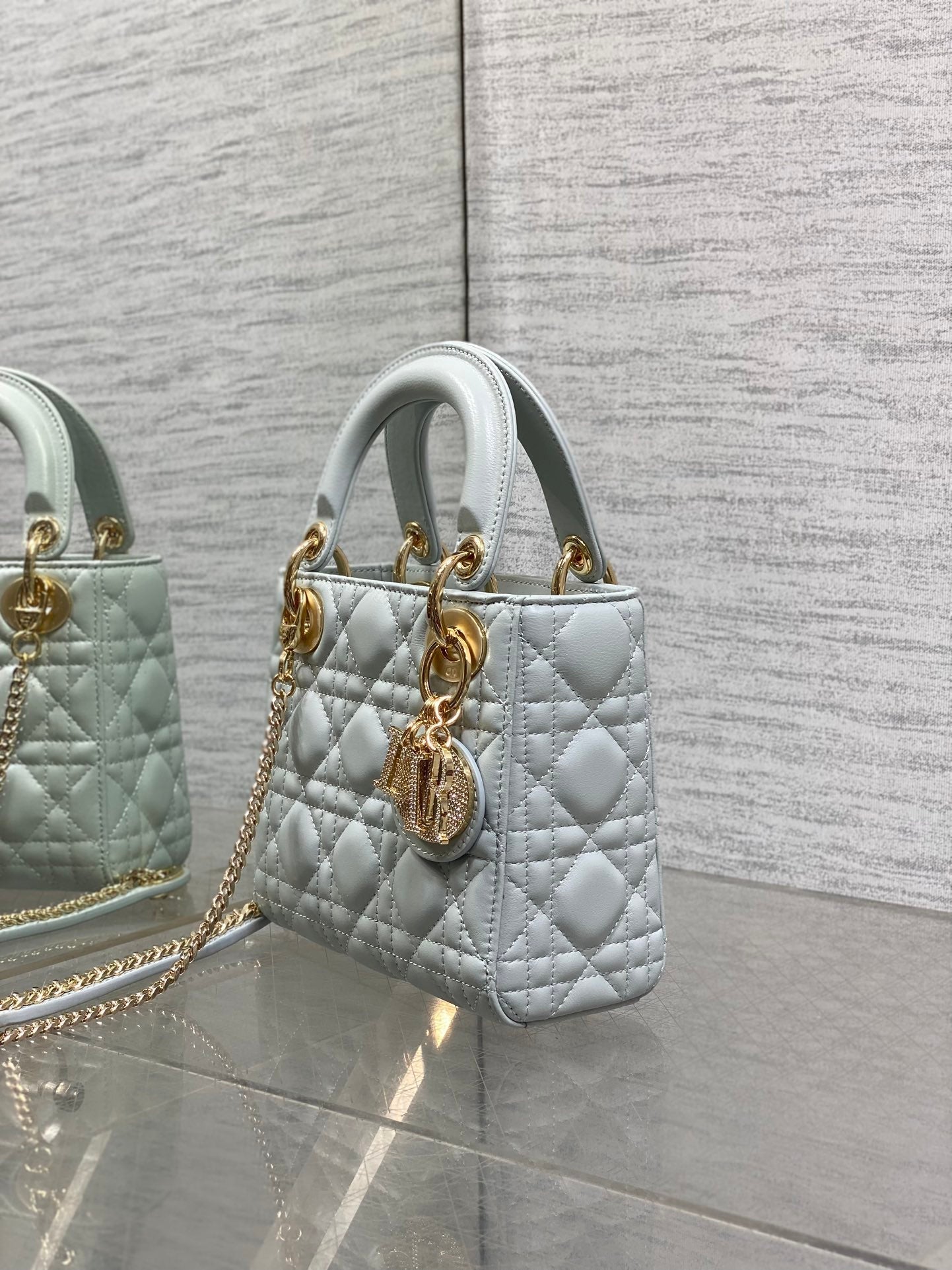 DIOR 25S MINI LADY  BAG 17 IN LIGHT BLUE CALFSKIN CHARM CRYSTAL EMBELLISHMENTS
