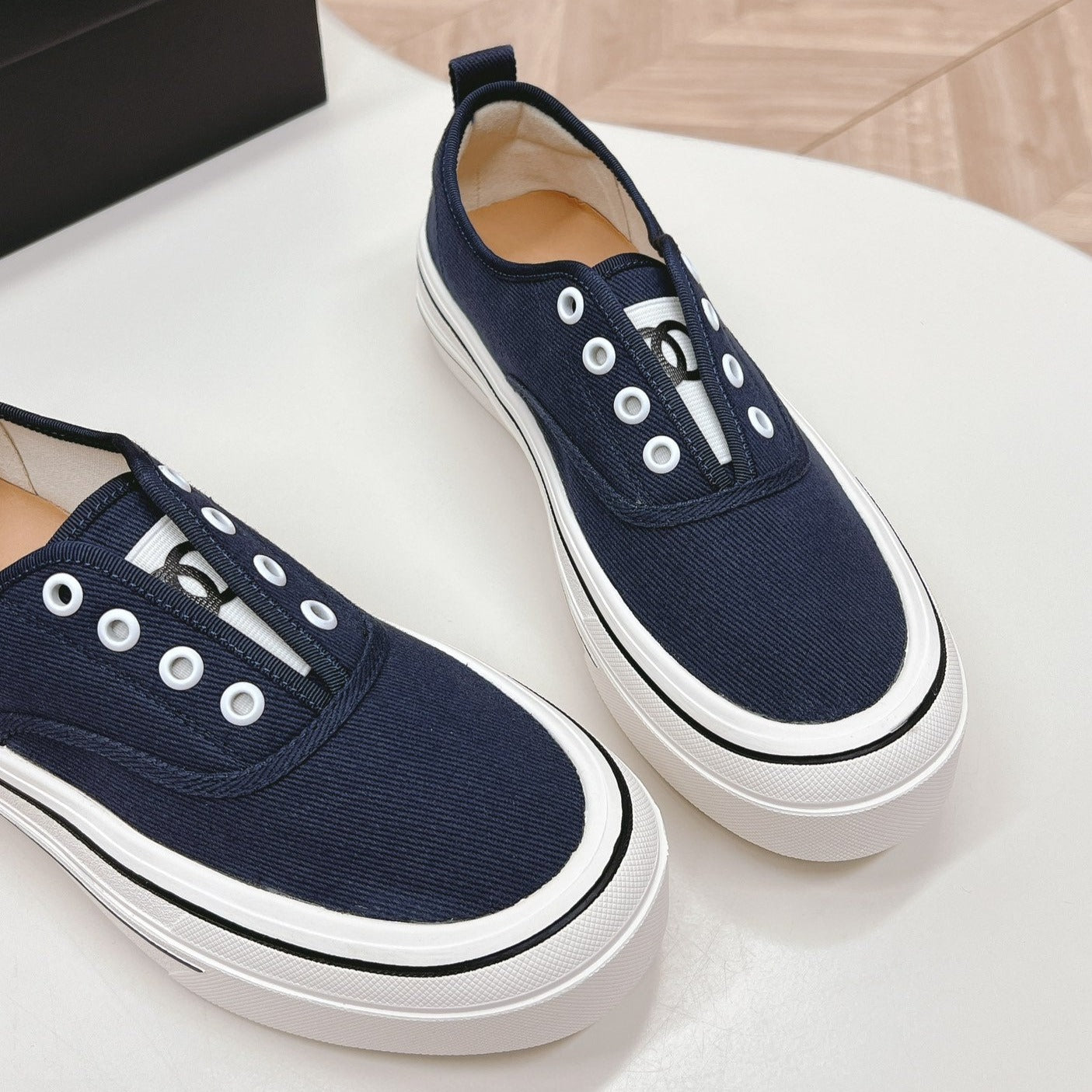 CHANEL Double C Platform Biscuit Shoes Fabric Navy Blue